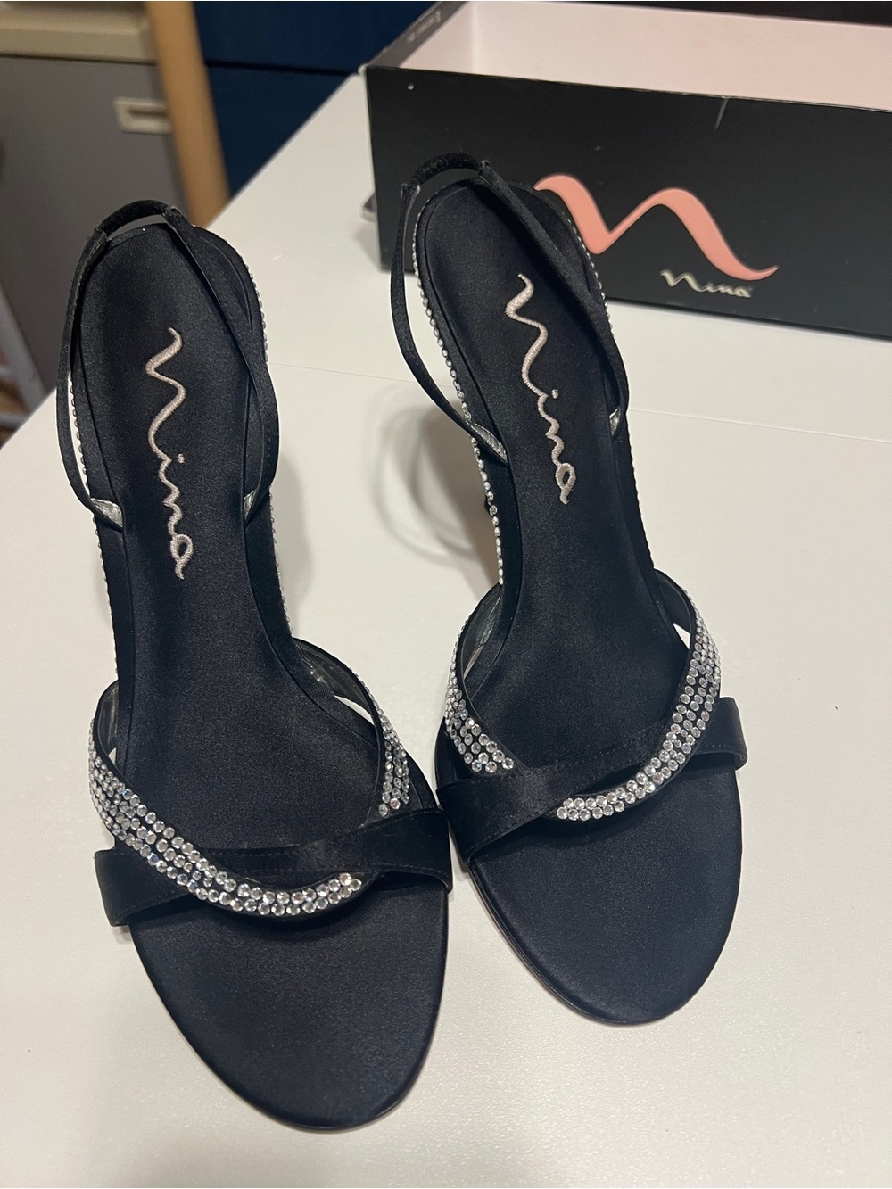 Nina Black Rhinestone Slingback Heels